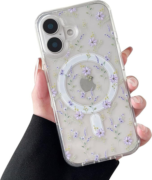 ZTOFERA for iPhone 16 Magnetic Case Compatible with Magsafe,Aesthetic Floral Pattern Design Cute for Girl Women,Anti-Drop Protective Hard Phone Cover for iPhone 16-Purple Flower