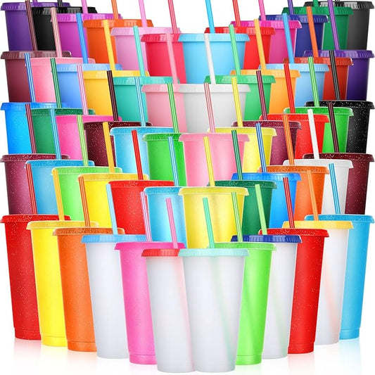 Honeydak 60 Pack Tumbler with Straw and Lid Bulk Glitter Plastic Cups Water Bottle Iced Coffee Travel Mug Reusable Party Favor Cups for Birthdays travel 24-27 oz (Shiny Color)