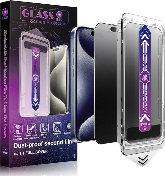 2 Pack Matte Privacy Screen Protector for iPhone 15 Pro 6.1-Inch Auto Dust Removal, No Bubbles,Anti-Spy Tempered Glass Film, Easy Installation