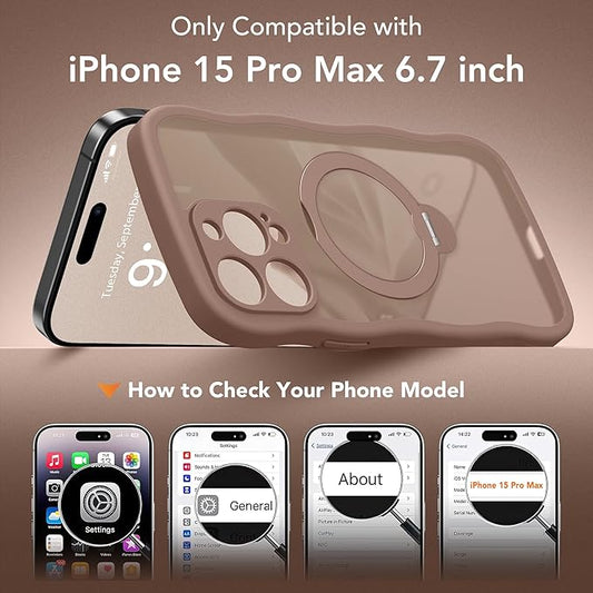 GolbinBox for iPhone 15 Pro Max Case,[Compatible with Magsafe][360°Magnetic Stand][Cute Wave Edge][18ft Military-Grade Protection] Translucent Matte Women Phone Cover for iPhone 15 Promax,Brown