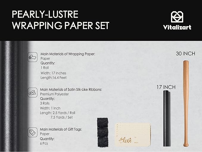 Vitalizart Black Wrapping Paper Set 17" Pearly-Lustre With Silk Like Satin Ribbon & Gift Tags Recyclable Eco-Friendly Christmas Gift Wrapping Birthday Baby Shower Wedding Handmade Crafts 197"(16.4 Ft)