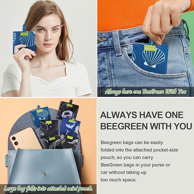 BeeGreen Animal Lover Reusable Grocery Bags | Foldable Tote Bags with Handles, Reusable Gift Bulk 6 Set for Women, Heavy Duty Washable Polyester Travel & Shopping Basket