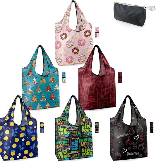 BeeGreen Travel Reusable-Grocery-Bags-Foldable-Machine-Washable-Reusable-Shopping-Bags-Bulk 6 Pack 50LBS Extra Large Totes Picnic bags Donuts Tents New York City Name Wine Coffee bag