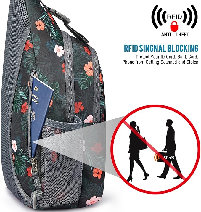G4Free Sling Bag RFID Blocking Sling Backpack Crossbody Chest Bag Daypack for Hiking Travel(Black Base Floral)