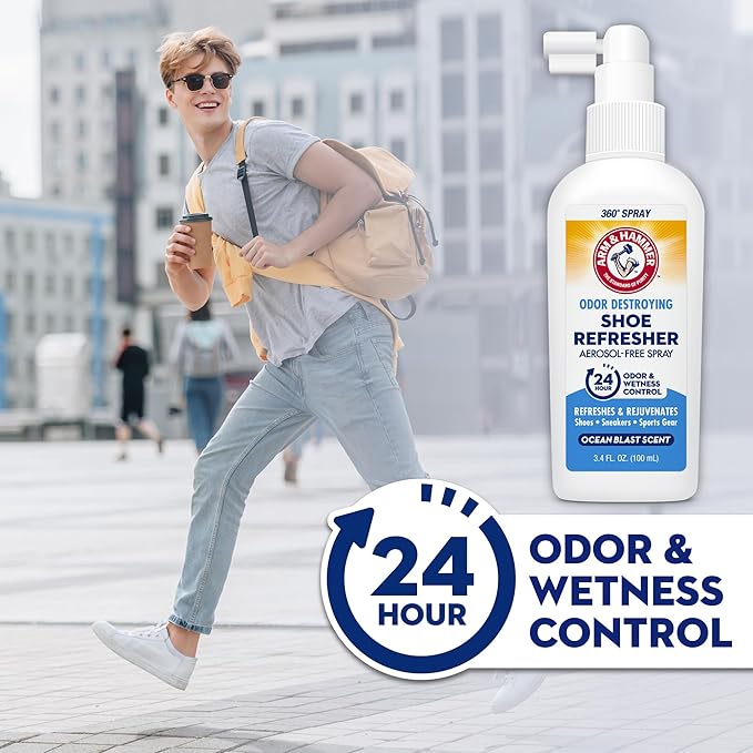 Arm & Hammer Shoe Refresher Spray, Odor Eliminator for Sneakers, 24 Odor & Wetness Control, Aerosol-Free Shoe Deodorizer Spray, Ocean Blast Scent, 3.4 oz, Pack of 2