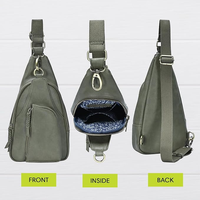 Antik Kraft Tasha Crossbody Sling (Moss) | Vegan Leather Crossbody Bag for Women with 16-20" Strap | Sling Bags for Women with Durable Antique Brass Hardware | 7in x 2.5in x 12.5in |