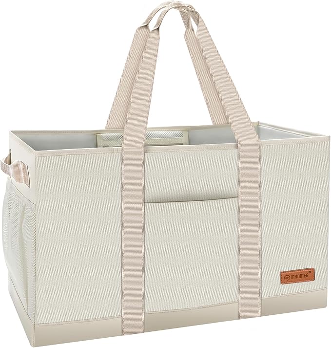 MHOMER Reusable Upright Grocery Bags Extra Waterproof Large Tote Bag with Carrying Handles Reinforced Bottom and Side Durable Oxford Fabric Foldable Shopping Bags Cream-colored