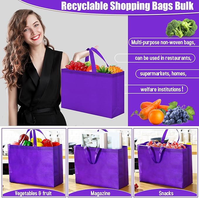 Windyun Reusable Grocery Bags Large Non Woven Shopping Bags with Handles Foldable Portable Tote Bulk, 16x6x12 Inch