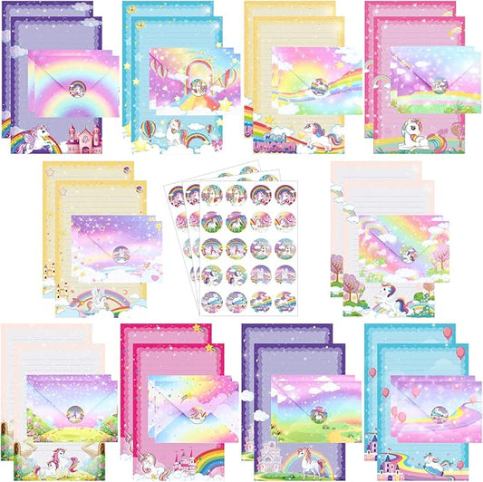TaoBary 160 Pcs Stationery Paper Set 50 Double Sided Stationery Papers with 50 Matching Envelopes and 60 Round Dot Sticker, 10 Design(Unicorn,5.5 x 8.25 Inch)
