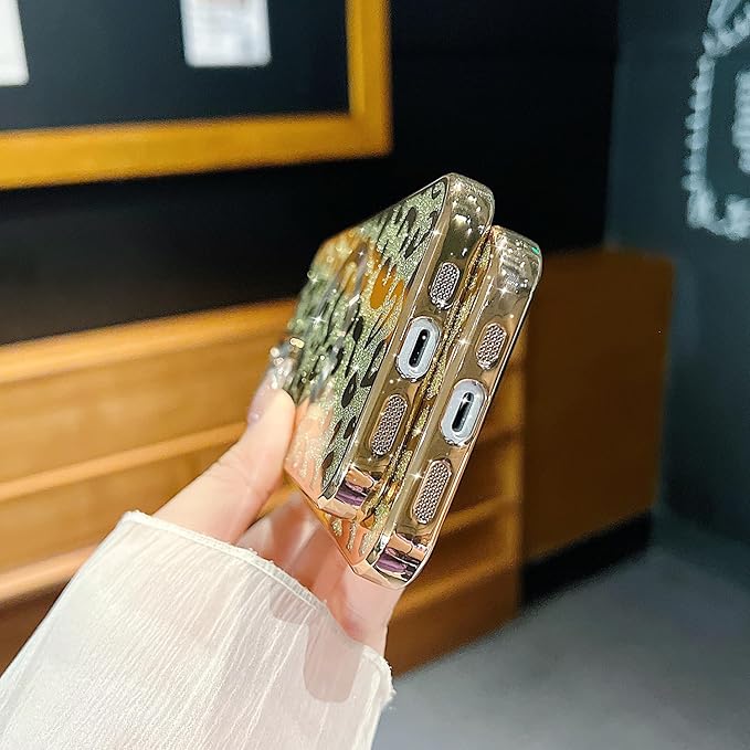 for iPhone 12 Case Magnetic,Soft Cute Luxury Leopard Cheetah Pattern Plating Glitter Bling Phone Case Compatible with MagSafe Clear Shockproof Back Cover for Women Girl 6.1"-Gold