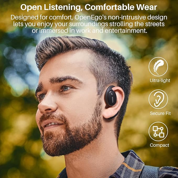 TOZO OpenEgo Open Ear Earbuds Bluetooth Headphones, 80Hrs Playtime Wireless Earbuds with Earhooks, Digital Display, 32 EQ Modes, Clear Call, Comfortable Wear, Sweat-Proof for Running Workout Black