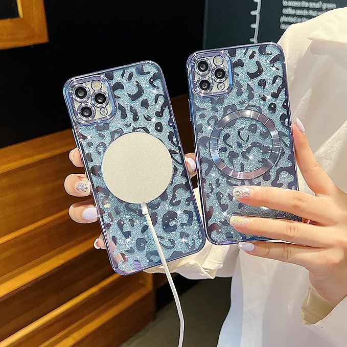 for iPhone 11 Pro Case Magnetic,Soft Cute Luxury Leopard Cheetah Pattern Plating Glitter Bling Phone Case Compatible with MagSafe Clear Shockproof Back Cover for Women Girl 5.8"-Blue