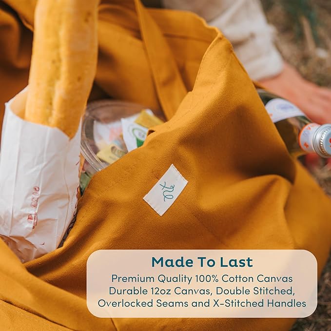 Nook Theory 3 Pcs Reusable Grocery Bags - Heavy Duty Canvas Bags, Large Reusable Shopping Bag, Picnic, 100% Cotton (Black)