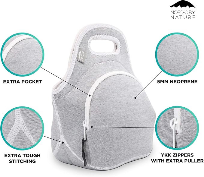 Nordic By Nature Insulated Neoprene Lunch Bag, Soft & Foldable Washable & Reusable Extra-Pocket (M) Light Gray