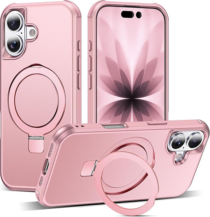 Compatible with iPhone 17 Case with Invisible Magnetic O-Ring Stand Military-Grade Phone Case for iPhone 17 6.3" [Compatible with Mag-Safe][Great Grip Feeling], Rose Gold