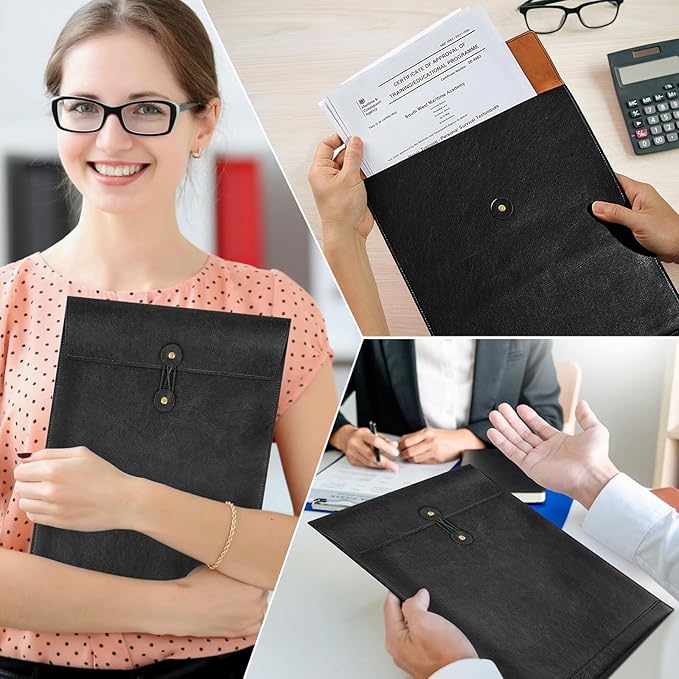 Black PU Leather File Folder for Documents,Important Document Folder with String Tie,Laptop Sleeve Notebook Case,Leather File Organizer, A4 Envelopes Filing Folder 3PCS