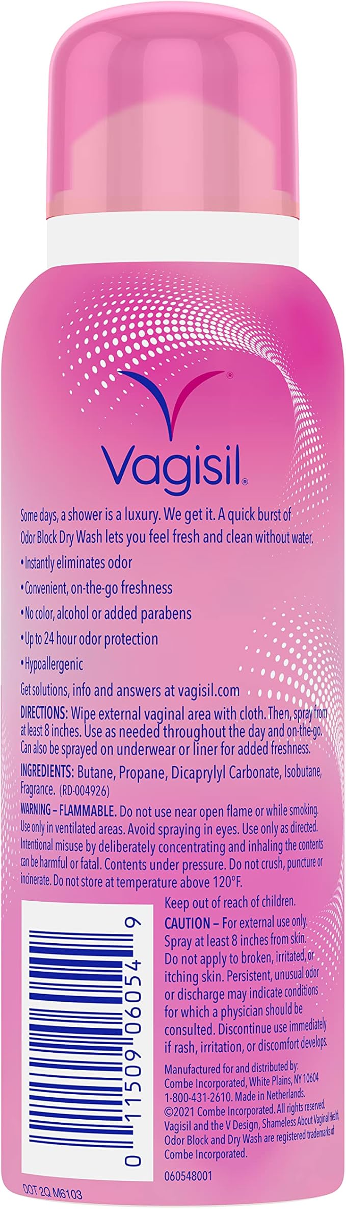 Vagisil Odor Block Dry Wash Spray for Feminine Hygiene, Gynecologist Tested, Hypoallergenic, 2.6 Ounces (Pack of 1)