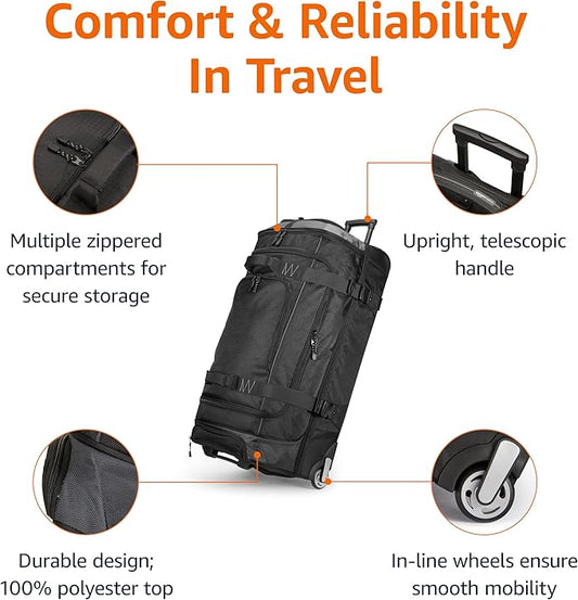 Amazon Basics 35-inch Large Rolling Duffle Bag with Wheels and Handle, Travel Duffle Bag with Durable Ripstop Polyester Material, 2 Layers of Space, Multiple Interior and Exterior Pockets, Black