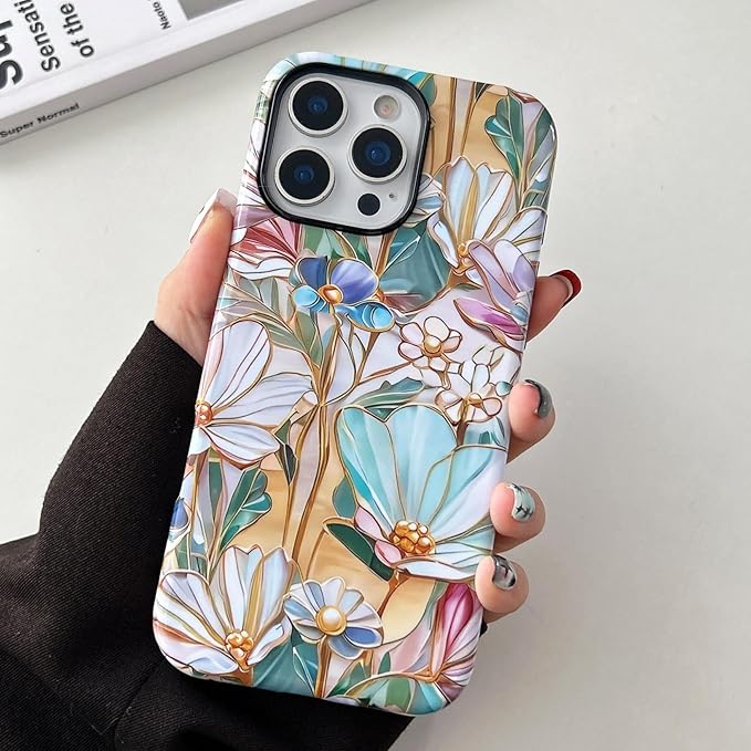 QLTYPRI Flower Case for iPhone 16 Pro Max, Aesthetic Cute Floral Phone Case for Girls Women, Protective Hybrid 2-Layer Hard Shell Silicone Cover Durable Shockproof Phone Cover - Bloom Flower