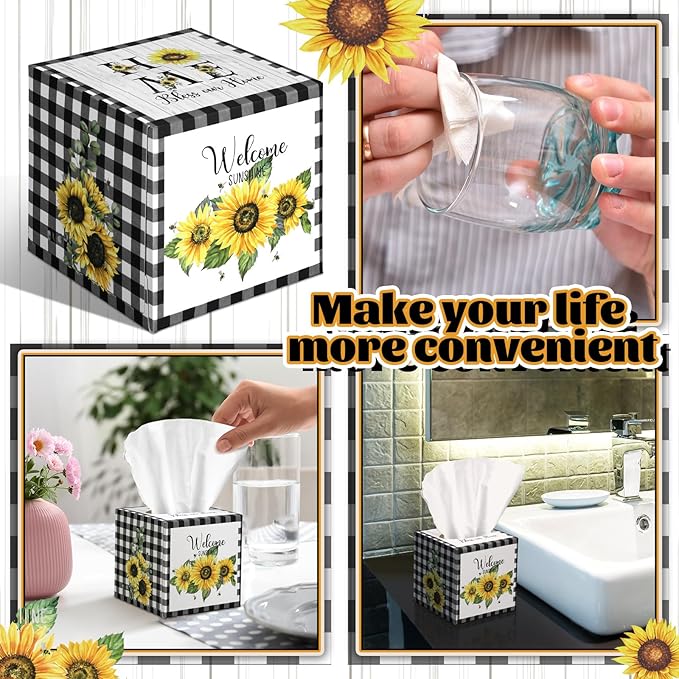12 Pack Summer Sunflower Facial Tissues Cube Boxes 600 Sheets 3 Ply Small Black and White Plaid Sunflower Face Tissues Bulk for Summer Car Bedroom Supplies