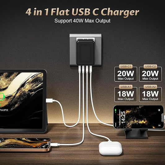 2Pack Flat USB C Charger Block • 40W Foldable & Slim Fast Charging Block • 4Ports USB Wall Plug Cube Box Compatible with iPhone 16/15 Samsung, Pixel, Tablets, Multiport Power Adapter Type C Brick