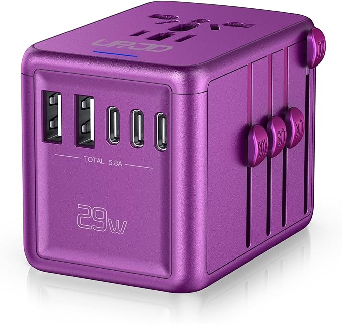 Universal Travel Adapter Offers 5.8A 3X 3.0A USB-C Ports, 2X 2.4A USB-A Ports and Multi AC Outlet, All-in-One International Power Plug Adapter Worldwide Travel Charger for EU USA UK AUS (Purple)