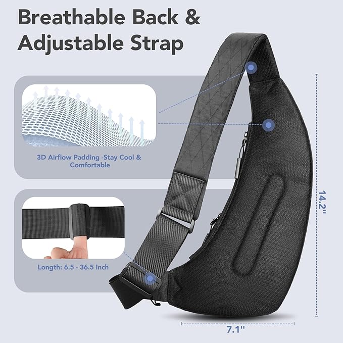 hk Sling Bag for Men with 3‑Layer Sailcloth‑Inspired Performance Fabric, Lightweight Waterproof Sling Bag for Men with Tablet Compartment, Crossbody Bag for men, Commuting, Black