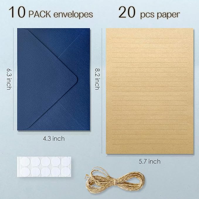 Tuhangcc Stationery Writing Paper and Envelopes Set with Jute Rope 4 X 6 for Writing Letter, (20 Best Paper with 10 Heavyweight envelopes),by Better Gift Office Products (Blue)