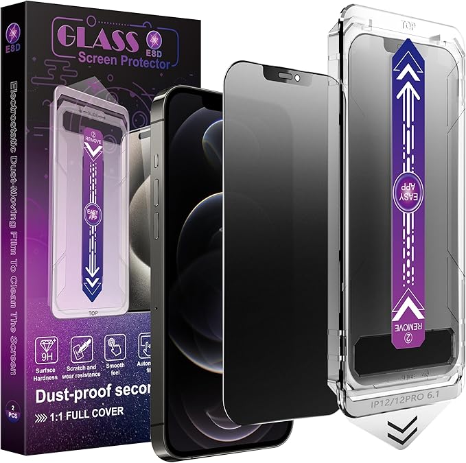 2 Pack Matte Privacy Screen Protector for iPhone 12 Pro/iPhone 12, 9H Tempered Glass, Full Coverage, Anti-Fingerprint, Auto Dust-Elimination, No Bubble, Easy Installation