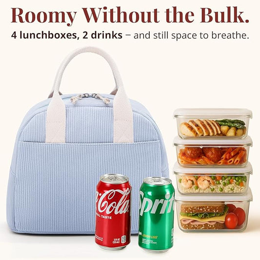Insulated Cloud Blue Lunch Bag for Women, Stylish Corduroy Tote with Aluminum Lining, Large Capacity Reusable Cooler for Work, Travel, Beach or Picnic, Cloud Blue Water-Resistant Lunch Box