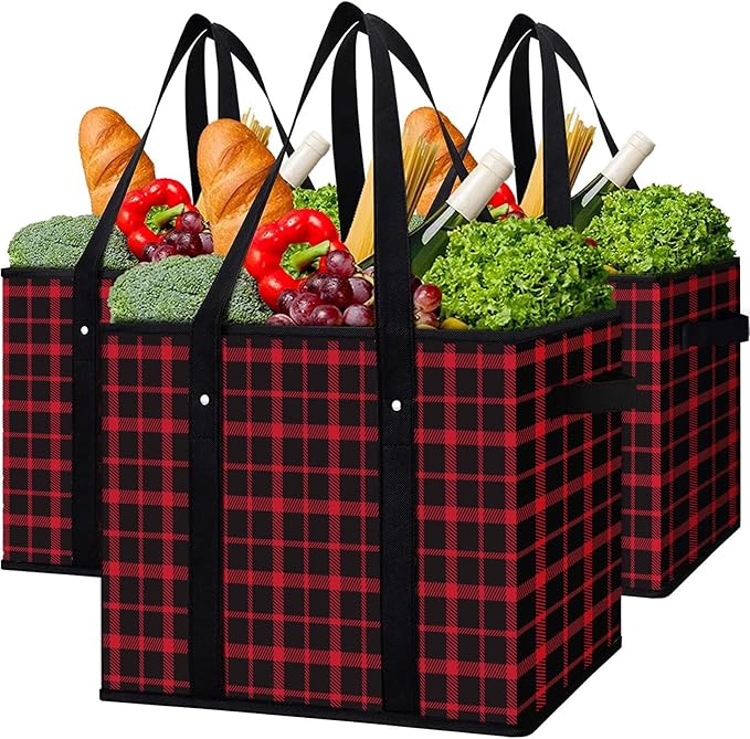 WISELIFE Reusable Grocery Bags 3 Pack,Large Grocery Tote Bag Water Resistant Shopping Bags Foldable Grocery Bag for Clothes,Shoes and Picnic,Red