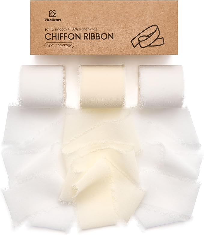Vitalizart White Handmade Chiffon Silk Ribbon Fringe 1.5" x 21 Yd Frayed Edges Ribbons for Wedding Invitations Bridal Bouquets Gifts Wrapping Crafts Holiday Party Decorations