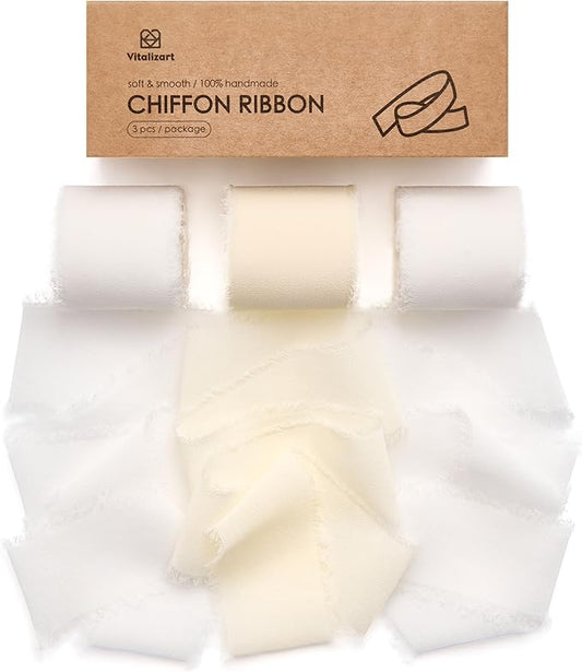 Vitalizart White Handmade Chiffon Silk Ribbon Fringe 1.5" x 21 Yd Frayed Edges Ribbons for Wedding Invitations Bridal Bouquets Gifts Wrapping Crafts Holiday Party Decorations