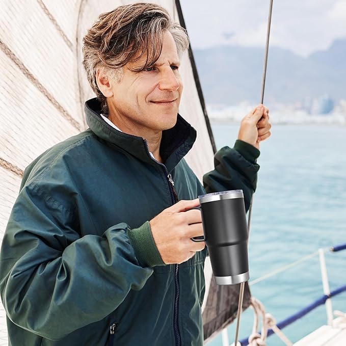 20 oz Stainless Steel Tumbler with Handle Metal Insulated Coffee Travel Mug with Handle Double Wall Tumbler Cup with Lid and Straw, Black 1 Pack