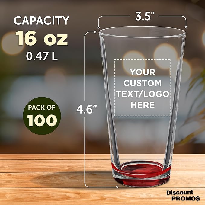 Custom Casale Pint Glass 16 oz. Set of 100, Personalized Bulk Pack - Beer Glasses, Heavy Duty Drinkware - Red