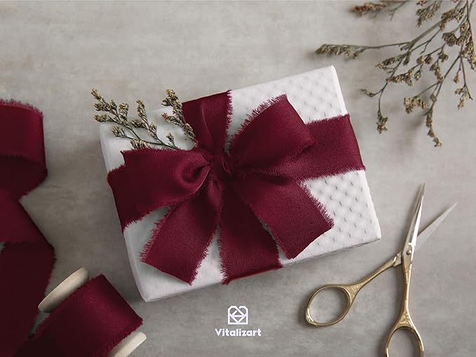 Vitalizart Silk Satin Ribbon 1 inch x 15 Yard Burgundy Red Handmade Frayed Ribbons for Gift Wrapping Baby Shower Wedding Bridal Bouquets Holiday Decor