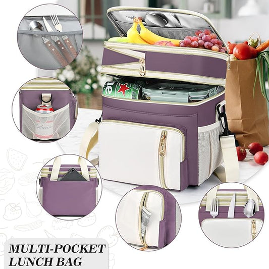 LOKASS Lunch Box for Women, 16L, Double Deck Expandable Insulated Lunch box For Adults/Women Thermal Large Waterproof Leakproof Cooler Bag with Shoulder Strap - Mauve