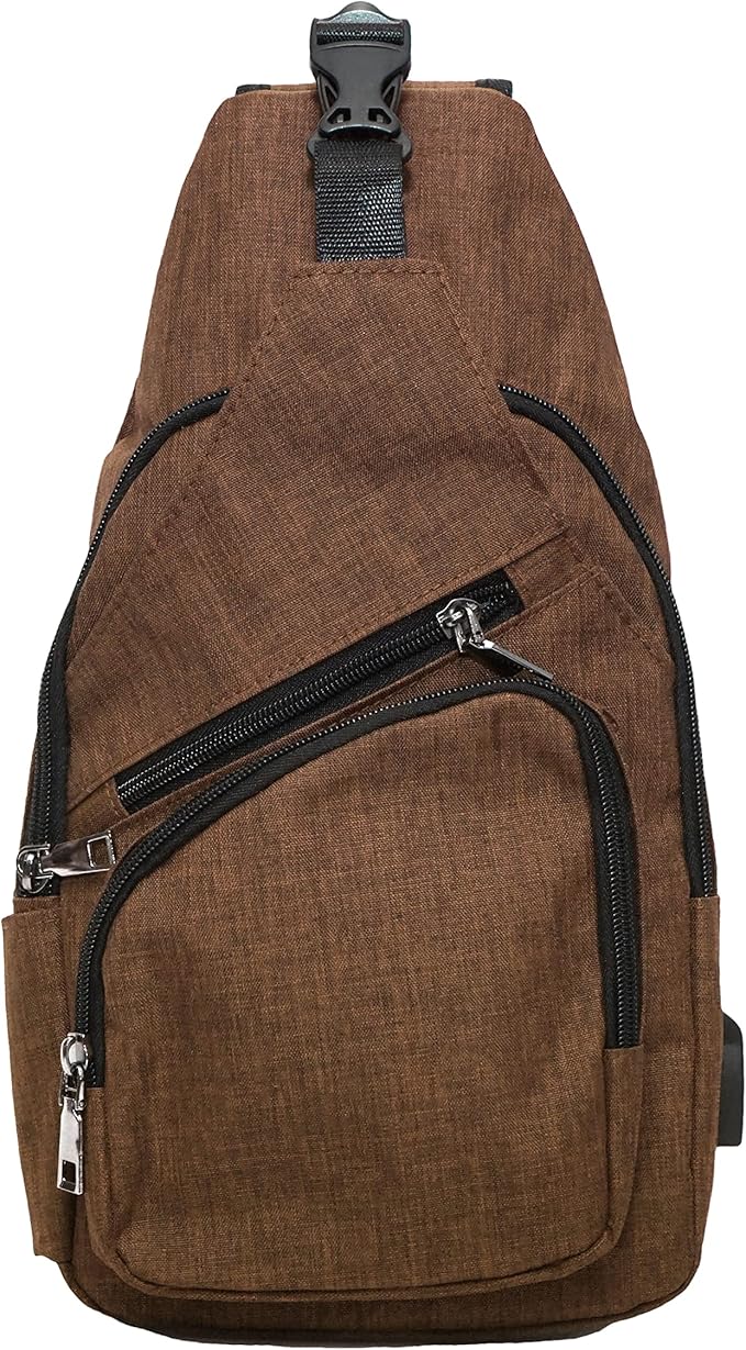 Anti-Theft Daypack Crossbody Sling Backpack, USB Charging Connector Port, Lightweight Day Pack for Travel, Hiking, Everyday, Large, Brown
