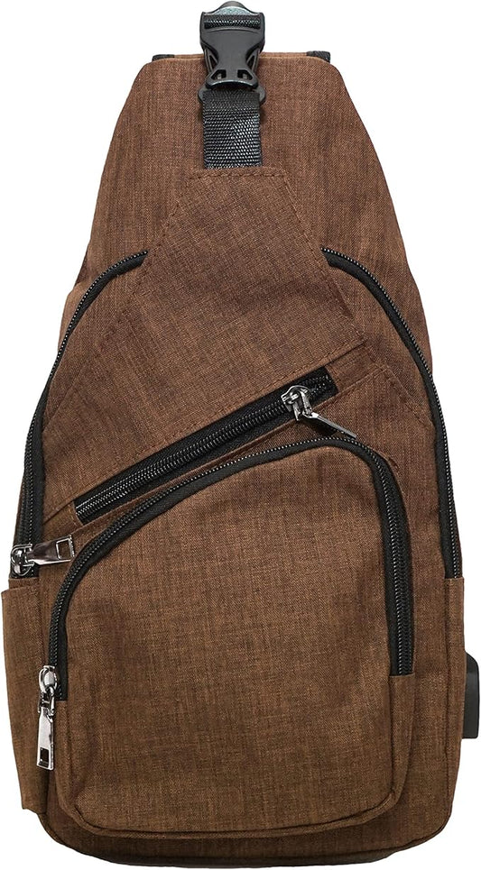 Anti-Theft Daypack Crossbody Sling Backpack, USB Charging Connector Port, Lightweight Day Pack for Travel, Hiking, Everyday, Large, Brown