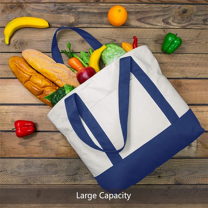 TOPDesign 30-Pack Canvas Tote Bags with an External Pocket, Reusable Grocery Shopping Bags, Top Zipper Closure, Daily Essentials (Blue/Natural)
