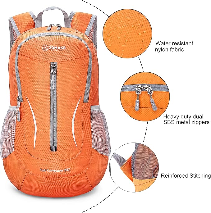 ZOMAKE Ultra Lightweight Packable Backpack 25L, Foldable Hiking Backpacks Water Resistant Small Folding Daypack for Trave(Pastel orange)