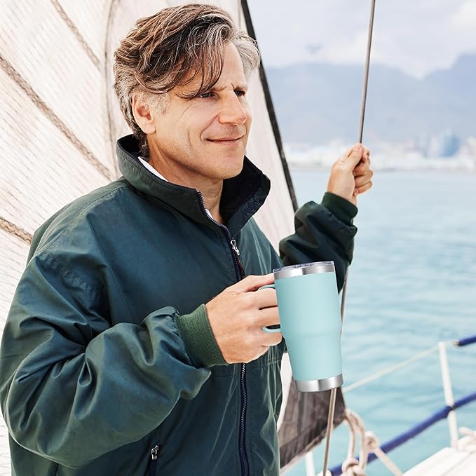 20 oz Stainless Steel Tumbler with Handle Bulk Metal Insulated Tumblers Travel Coffee Mug with Handle Double Wall Tumbler Cup with Lid and Straw, Mint Green 6 Pack