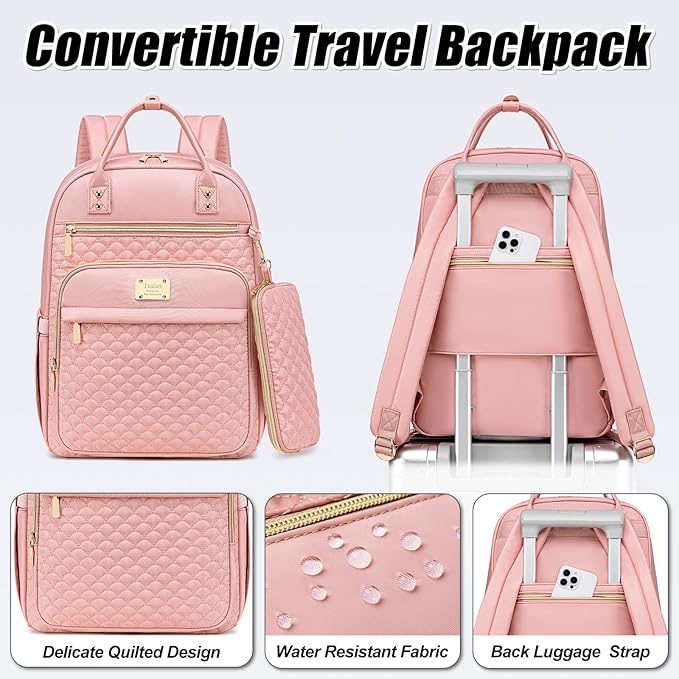 Laptop Backpack for Women,15.6 Inch Laptop Backpack for Work,Water Resistant Travel Backpack,College Bookbag with Wallet (Pink-1)