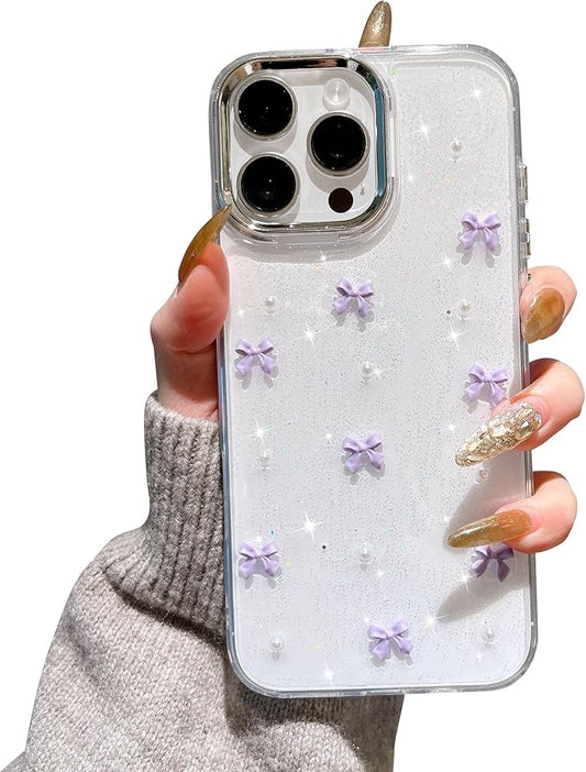 EYZUTAK Case for iPhone 15 Pro Max, Bling Glitter 3D Bowknot Phone Case Cute Sparkly Crystal Clear Bow Aesthetic Case Slim Soft Durable TPU Transparent Protective Cover for Women Girl-Purple Bow