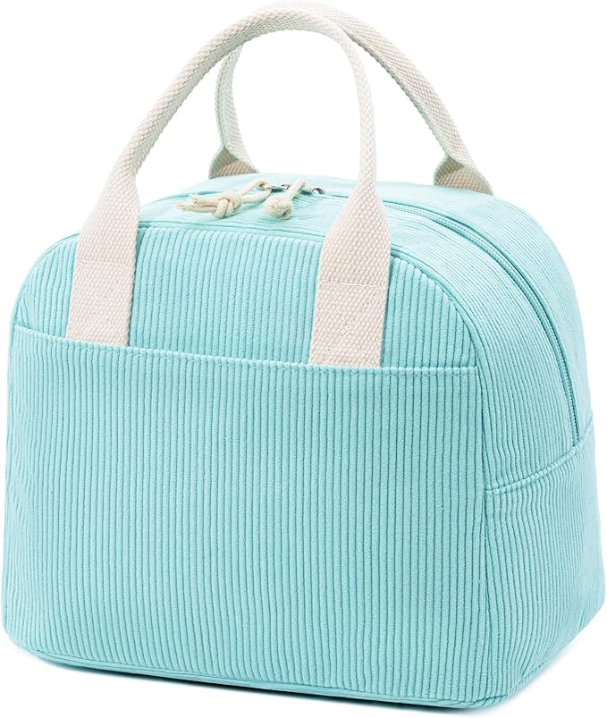 Insulated Lunch Bag for Women Men, Stylish Corduroy Tote Bag with Aluminum Lining, Large Capacity Reusable Cooler for Work, Travel, or Beach, Mint Blue Lunch Box