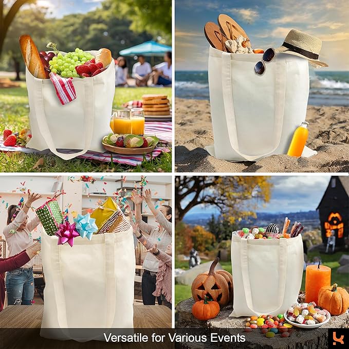 5|6|12|24 Pack Cotton Canvas Tote Bags, Reusable Shopping Grocery Bag, 16”x15” Blank Bulk Cloth Bags for DIY & Promo