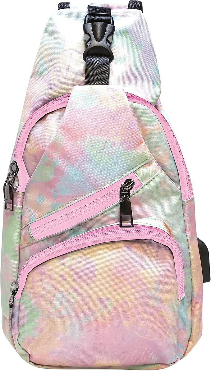 Anti-Theft Daypack Crossbody Sling Backpack, USB Charging Connector Port, Lightweight Day Pack for Travel, Hiking, Everyday, Regular, Tye Dye Pastel