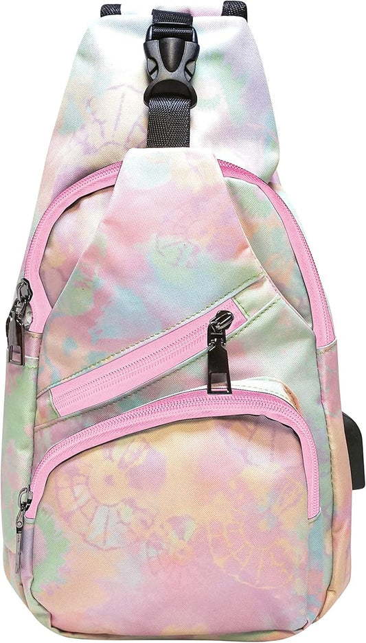 Anti-Theft Daypack Crossbody Sling Backpack, USB Charging Connector Port, Lightweight Day Pack for Travel, Hiking, Everyday, Regular, Tye Dye Pastel