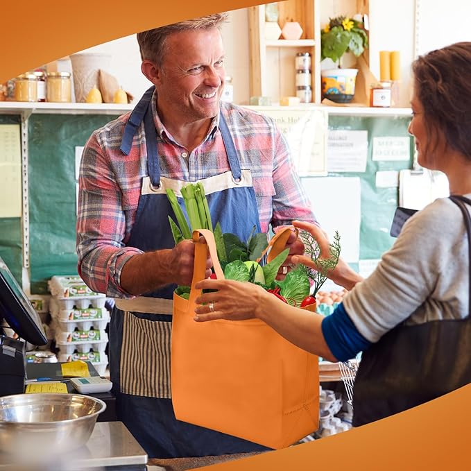 Reginary Reusable Totes Bags - 100 Pcs Non Woven Grocery Handle Bags for Shop Events & Retail Store (Orange)