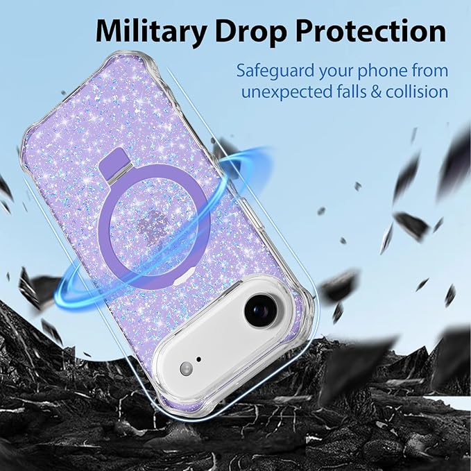 Magnetic for iPhone Air Case with Invisible Stand, Compatible with MagSafe, Clear Bling Sparkle Shockproof Slim Anti-Slip Military Drop Protection Hard Phone Case 6.5" Glitter Purple